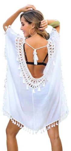 Jinsha Dam baddräkt med virkad strandkjol, bikinitopp stickad poncho sommar kamouflage bikini, 3012 Vit, M