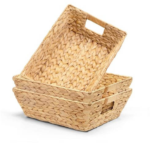 M4DECOR Set of 3 Snack Baskets, Wicker Snack Basket Organizer for Office, Small Wicker Baskets with Handles, (3 Medium Basket)