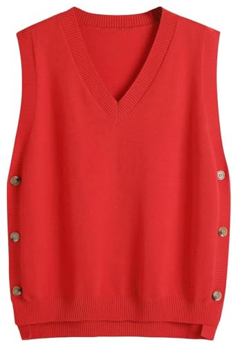 SUNSESS Sleeveless Jumpers for Women V Neck Sweater Vest Knitted Tank Top | Side Button Asymmetric Hem Loose Fit Casual Ribbed Knit Pullover Gilets for Ladies Layering