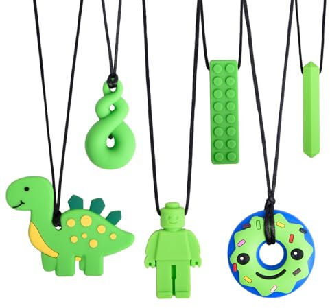 6 Stück Sensory Kauen Halskette, Grün Silikon Kaukette für Autistische Kinder, Zahnen, Angst, Beißen Bedürfnisse, ADHS, Oral Motor Chewy mit Verstellbaren Schnalle für Baby Jungen Mädchen