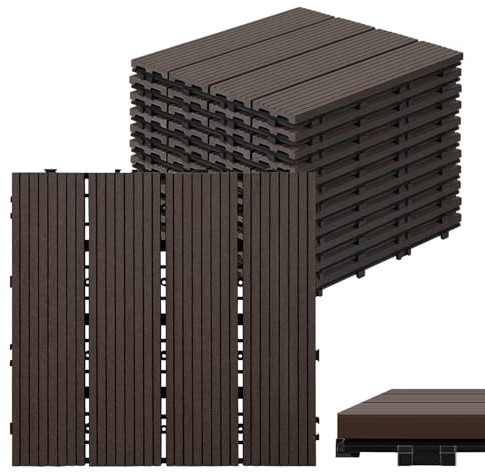Eulenke WPC terrassplattor 33 stycken, 30 x 30 cm terrassbrädor för balkonggolv, klickplattor, balkongplattor i träutseende, golvbeläggning väderbeständig för terrass, för 3 m², kaffebrun