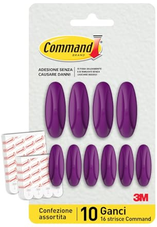 Command Ganchos Adhesivos Color Morado - 10 ganchos (4 grandes, 6 medianos) & 16 tiras adhesivas (8 grandes, 8 medianas) - Colgar, decorar y organizar sin daños