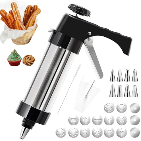 IGRARK Stainless Steel Cookie Press Gun Kit, 28pcs Churros Maker with 16 Cookie Discs, 8 Piping Tips, 2 Brushes for DIY Cake Decorating Baking Supplies