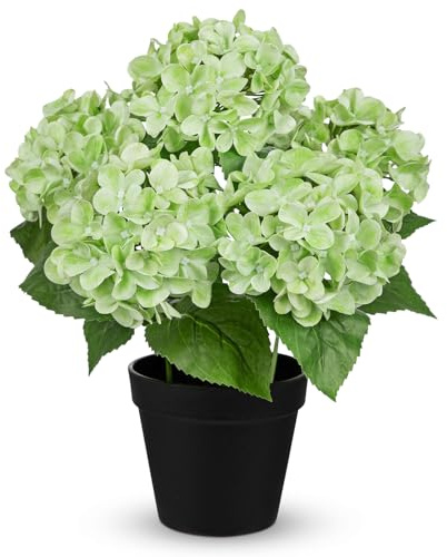 Briful 35 CM Hydrangea Artificial Flowers in Pot - Real Touch Faux Hydrangea with 4.7 Flower Heads - Green Artificial Flowers Fake Indoor Plants for Windowsill, Bathroom Shelf, Kitchen Decor