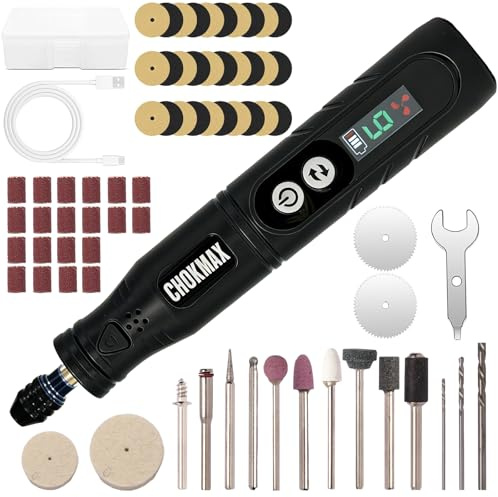 CHOKMAX Utensile rotante senza fili, kit smerigliatrice con display a 6 velocità, pinza universale e luce LED frontale, 68 accessori Utensile artistico per incisione, levigatura, lucidatura, foratura