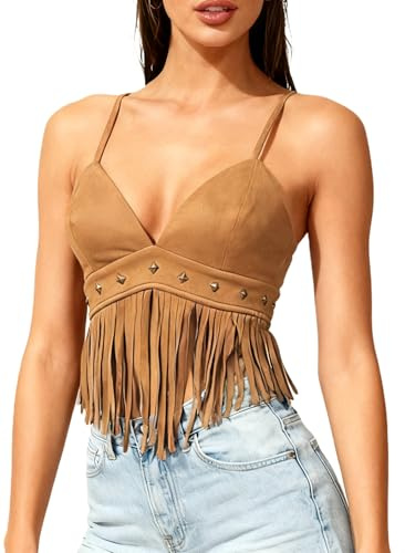 Lshyuehao Women's Y2K Fringe Sleeveless Halter Top Tassel Spaghetti Strap Faux Suede Vintage Hippie Crop Top Blouse (A-Light Brown, S)