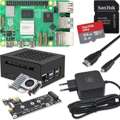 Raspberry Pi 5 8GB PCIe M.2 NVMe - Kit | Metallhölje | Aktiv kylare | M.2 NVMe SSD PCIe-kort | USB-C 27W nätaggregat | 4K Micro HDMI-kabel | Perfekt för Home Assistant