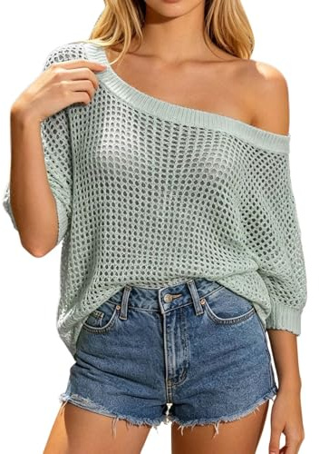 Generisch Pull au crochet pour femme - En maille - Épaules dénudées - Surdimensionné - Aiguille à crochet - Haut d'été décontracté - Haut de plage respirant - Haut de loisirs