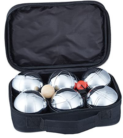 relaxdays Boules pétanque, 6X en métal, cochonnet & Outil de Mesure, Jeu Jardin avec étui de Transport, argenté/Noir Adulte Unisexe, 1 Paquet