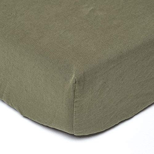 HOMESCAPES Leinen Spannbettlaken extra hoch 90x190 cm olivgrün, Halbleinen Bettlaken mit Gummizug aus 60% Leinen und 40% Baumwolle