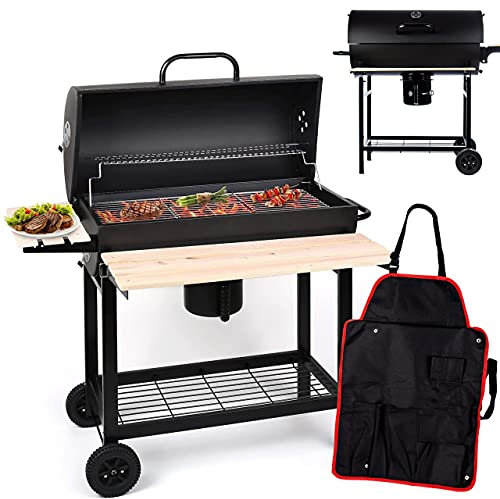 GrillMaster BigBend Rond GM2020 Baril +Tablier, Barbecue De Jardin, Charbon, avec Couvercle, avec Roulettes, Ouverture pour la circulation D'air, Étagères Supplémentaires