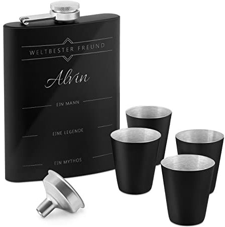 Maverton Flachmann Set 200 ml mit Gravur - Taschenflasche + 4 Schnapsgläsern 20 ml mit Trichter - Weihnachtsgeschenke - Brustflasche für Männer - Farbe: mattschwarz - Freundschaft