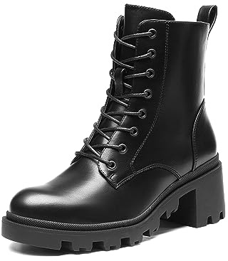 DREAM PAIRS Women's Lug Sole Combat Ankle Bootie Lace up Low Chunky Block Heels Side Zipper Boots Fashion Causal Shoes SDAB2317W,Size 7,Black,SDAB2317W