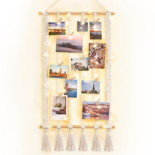 Dahey Macrame Hanging Photo Display Dorm Wall Decor Boho Picture Frames Collage for Picture String with Clips Photo Hanger with Lights Artwork for Teen Girl College Living Room Bedroom Christmas Gift