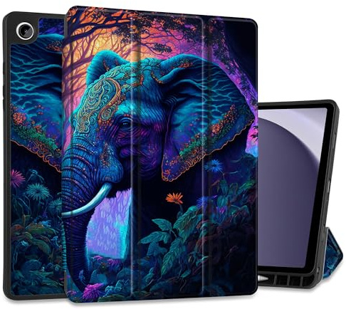 MEEgoodo Case for Samsung Galaxy Tab A9 Plus 11 inch Cover 2024 2023 with S Pen Holder, A9+ Smart Tablet Cases with Leather Trifold Stand+Soft TPU Back Shell+Smart Auto Wake/Sleep, Elephants