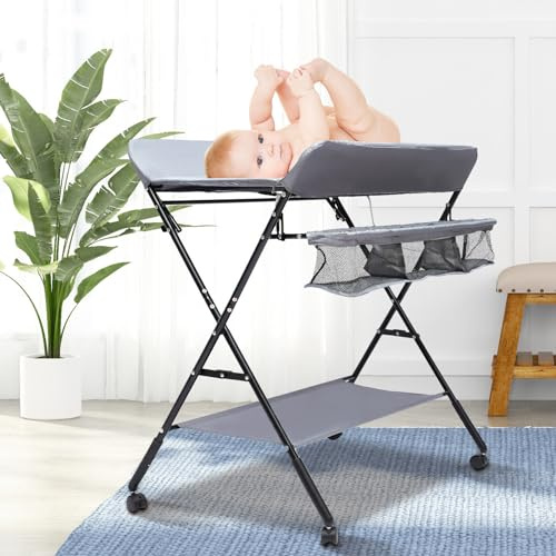 WEIGR Baby skötbord Changing Table, barn mobilt skötbord fällbart med avtagbar skiljevägg, utrustad, skötdyna, säkerhetsbälte (med hjul)