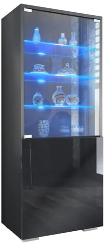 Vladon Vitrina Granada, Armario Vitrina Made in Germany con Puerta de Cristal e Inserto de Cristal Incl. LED, Antracita Mate/Negro de Alto Brillo (50 x 122,5 x 34,5 cm)