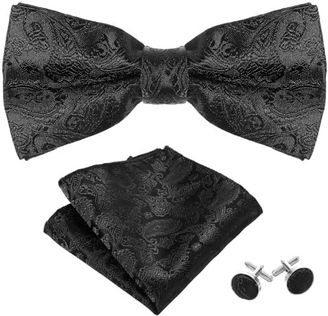 Ouligay Herren Paisley Fliege und Einstecktuch Manschettenknöpfe Schwarz Verstellbare Vorgebundene Fliege Einstecktücher mit Manschettenknöpfe Set für Hochzeit Sfeier Weihnachten Halloween
