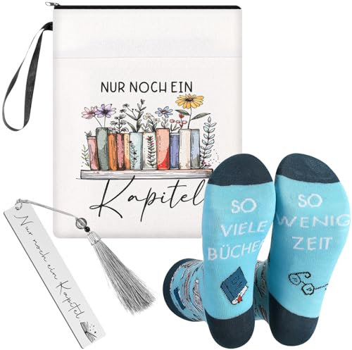 Clabby Buchliebhaber Geschenken mit Spruch Enthalten Buchhülle mit Reißverschlusstasche Socken für Bücherfreaks und Edelstahl Lesezeichen Lustige Geschenken für Leseratten Lehrerin Geburtstag