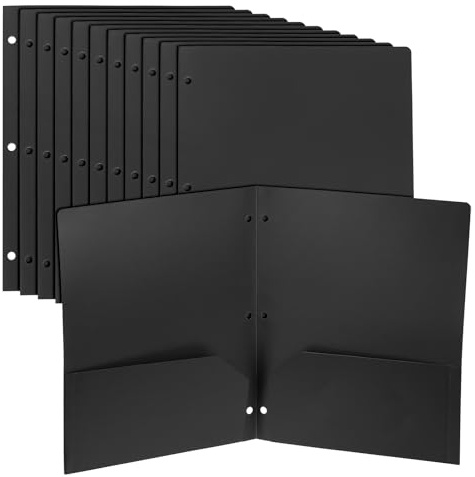 PATIKIL 12 Pcs Plastic Two Pocket Folders, 3 Hole Punch Durable Heavy Duty 2 Pocket File Folders, Letter Size Binder Index Divider with Business Card Slot for Office Home, Black