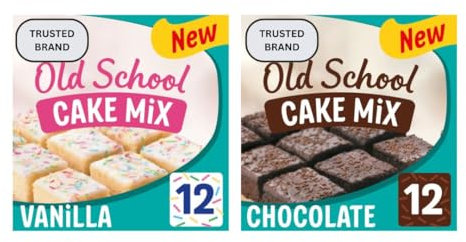 Vanilla Old School Cake Mix 436g and Chocolate Old School Cake Mix 436g – Easy Traybake Kit with Icing & Sprinkles, Includes Baking Tray, Just Add Eggs, Oil & Water, Makes 12 Slices