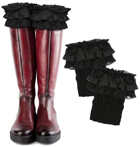 BuleVina 1 Pair of Womens Knit Boot Cuff Socks – Crochet Lace Trim Leg Warmers Toppers, Short Stretch Knitted Cuffs for Women, Solid Color Winter Warm Cuff Topper Gift (Black) - Hand Wash Only