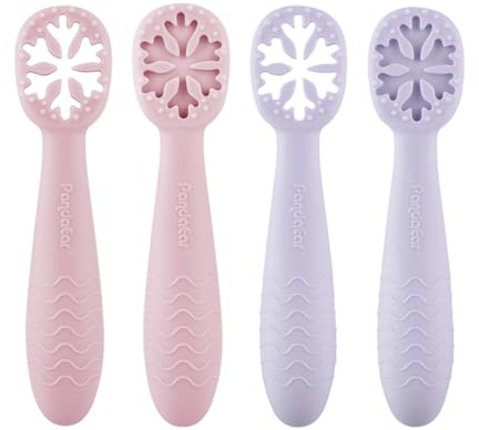 PandaEar 4-pack silikonskedar för baby från 4 månader, rosa lila | Fyra träningsskedar, Mjukt silikon, Grunt skedhuvud, Greppvänlig design, För självmatning från 4 månader