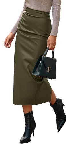 BTFBM Skirts for Women Trendy Spring 2026 Elastic Waist Ruched Bodycon Slit Pencil Midi Leather Skirt Bussiness Casual(Army Green, X-Large)