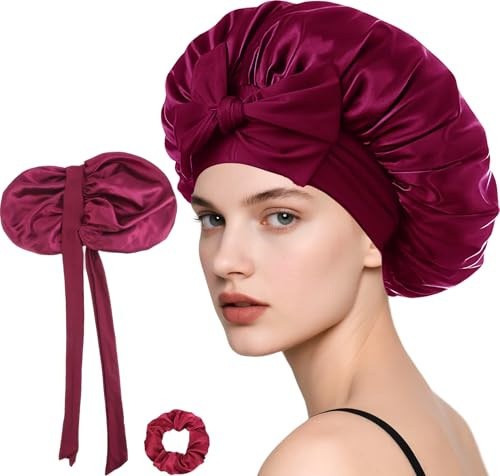 Loomify Satäng Sovmössa, Justerbar Sidenmössa för Hårvård, Dubbelsidig Satängbonnet med Scrunchie för Kvinnor