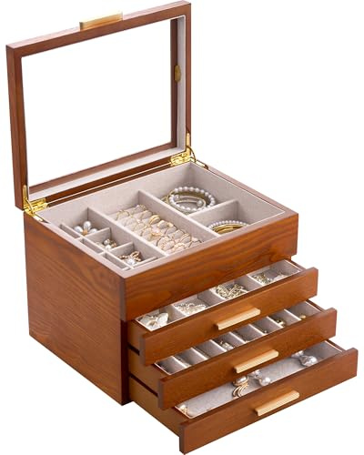Lolalet Portagioie Donna Grande in Legno a 4 Livelli con Finestra Trasparente - Scatola di Gioielli con Rivestimento in Lino per Collane, Braccialetti, Anelli e Orecchini - Ciliegia