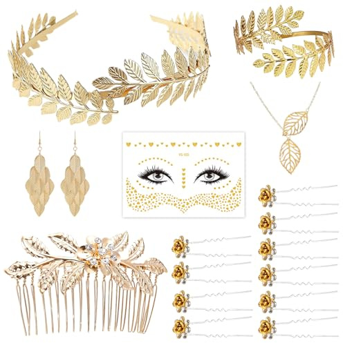Werownsgso 17 piezas de accesorios para disfraz de diosa griega, joyas para boda, corona de pelo, pendientes de hoja bohemia, pulseras para la parte superior del brazo, tatuaje facial, traje de Diosa