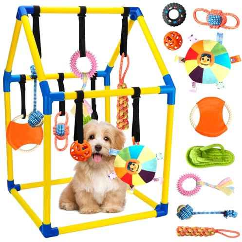Puppy Play Gym with 9 Hanging Toys, Interactive Dog & Cat Enrichment Playground, Removable Indoor Training Activity Center for Puppies & Kittens, Adjustable PVC Frame, Teething & Squeaky Toys Included