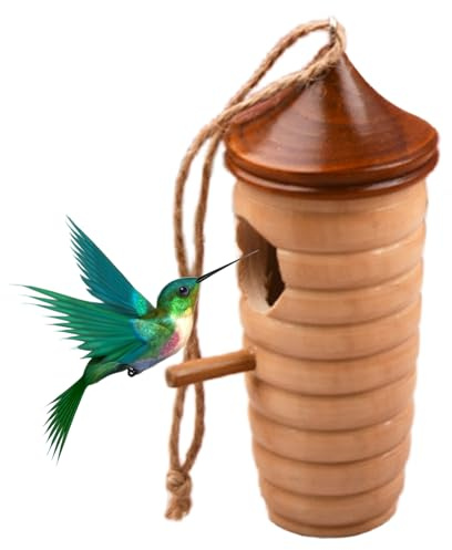 Casa para colibríes - Refugio de madera natural, hogar colgante exterior | Pequeña casa de pájaros colgante con cuerda, lugar de anidación de jardín resistente a la intemperie, diseño cómodo