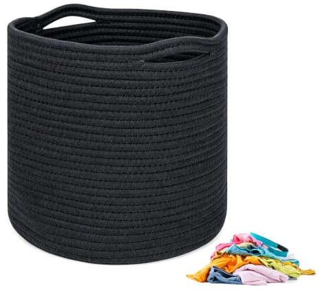 Wäschekorb, Aufbewahrungskorb Geflochten, 30x30cm Gewebter Baumwollkorb mit Griffen, Korb Geflochten, Spielzeugkorb, Körbe für Regal, Korb Aufbewahrung für Decken, Spielzeug, Kleidung (Schwarz)