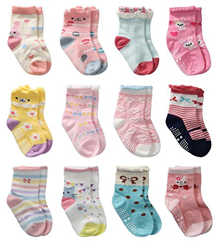 Cottock 12 Pares de Calcetines Antideslizantes para Niñas Pequeñas Algodón, Calcetines Antideslizantes para Bebé Niñas (12 pares, 3-5 años)