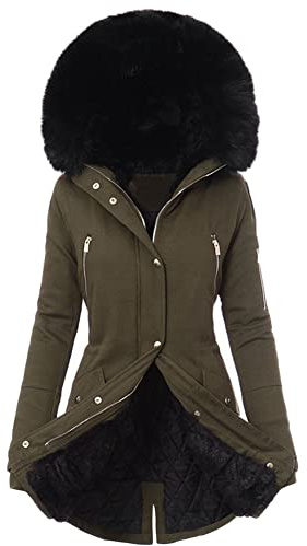 GUOCU Cappotto Invernale da Donna, Parka Caldo, Imbottito, con Pelliccia Sintetica, Giacca Caldo Invernale Antivento con Cappuccio,Verde Militare,S