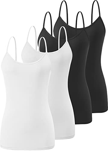 Air Curvey 4 Pack Camisole Tops for Women Basic Undershirt Tanks Adjustable Spaghetti Straps Camis Seamless Soft Layering Top Black Black White White M