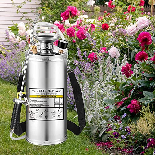 Kweetle 2Gal Pump Up Spray i rostfritt stål, förstärkt slang, handpumpsspruta med manometer och säkerhetsventil, justerbart munstycke lämpligt för trädgårdsarbete (2 galloner)