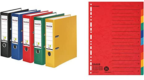Original Falken 10er Pack PP-Color Kunststoff-Ordner. Made in Germany. 8 cm breit DIN A4 Vegan farbig & Original Falken Karton-Register überbreit. Rot, Für DIN A4 24 x 29,7 cm volle Höhe