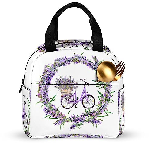 Bolsa de almuerzo con aislamiento floral de verano, color morado, lila, reutilizable con bolsillo, mariposas de lavanda, lonchera de primavera, grande, térmica, a prueba de fugas, bolsas de almuerzo