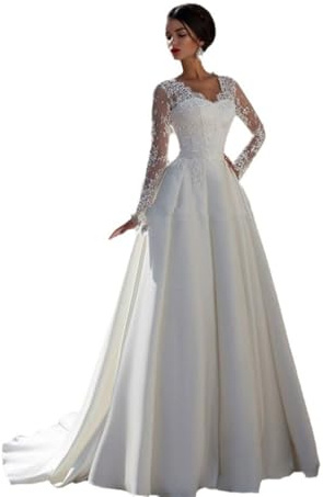 LNNLSS Bridal Long Tail Manica Lunga Pizzo Abiti da Sposa Francese Bianco Romantico Abiti da Sposa Abiti da Sera Grandi Dimensioni Donne, Bianco, US20W