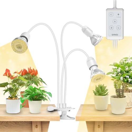 SANSI Lámpara de Cultivo Plantas 30W (450W eq.) de Espectro Completo 4000K, Luces de Crecimiento Ajustable en Altura con Temporizador Automático 4/8/12H para Plantas de interior-Blanco