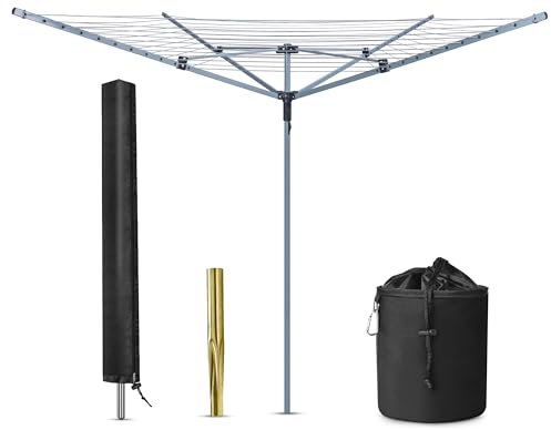 FB FunkyBuys 4-Arm Rotary Washing Line Outdoor with Ground Spike, Rotary Clothes Airer Drying Rack, Storage Bag and Protective Cover, Metal (50 Meter)