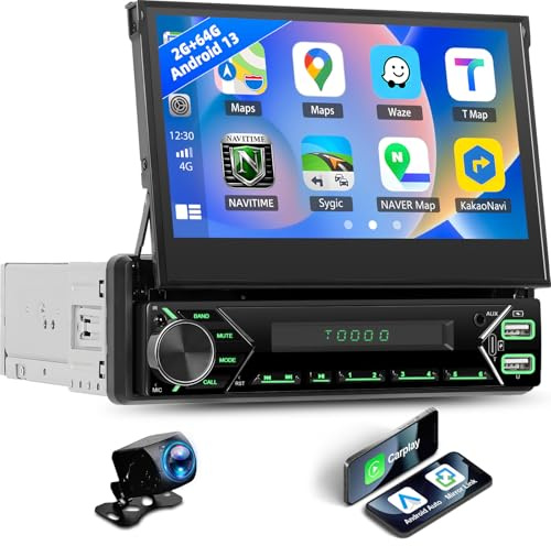 Android-bilradio 13 2G 64G 1 Din med trådlös Carplay Android bil, 7-tums flip-out-pekskärm Bluetooth-bilradio med Mirror Link WiFi GPS SWC FM RDS USB + backkamera + MIC
