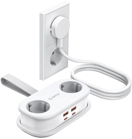 ORICO 65W GAN Enchufe Múltiple de Viaje con USB-C, 6-en-1 Regleta de Carga Rápida con 4 USB, Regleta con Cable de 1.6m Retráctil para MacBook, iPad, Móvil, Viajes - AP3 Blanco