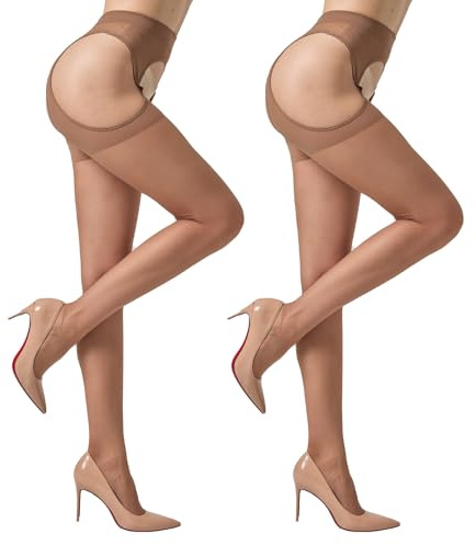 MANZI Suspender Tights for Women Garter Belt Thigh High Stocking Tights 30D Sheer Crotchless Pantyhose Brown XL-XXL