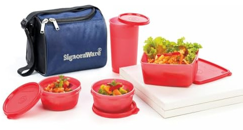 SIGNORA WARE Exclusiv Thermo Lunchset håller dig varm och kall med isolerad väska och 3 hitparadburkar med drickbägare 370 ml – 2 x 200 ml + 500 ml röd