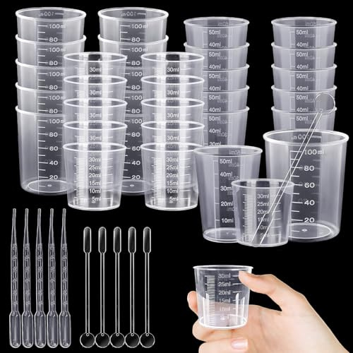 Forbabe Juego de 30 vasos medidores (30 ml, 50 ml, 100 ml) con gotero y cuchara para mezclar. Ideal para manualidades, moldes, pinturas, resinas epoxi, laboratorio, cocina, etc