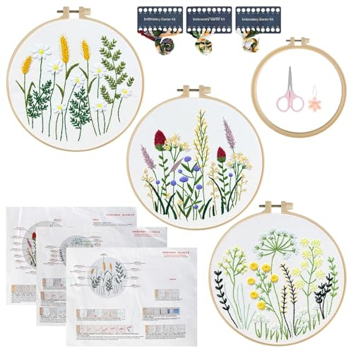 YHNDECO 3-delat broderiset för nybörjare, broderiset för vuxna, broderiset, blommönster, växter, broderi, set, innehåller stämplat blommönster, bambu, däck, färgtrådar, verktyg, instruktioner