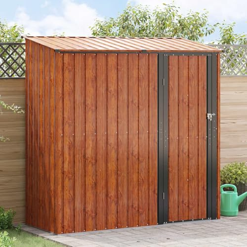KKHOMEI Casetta da Giardino 203 x 85,5 x 200 cm Capanno Attrezzi da Giardino in Acciaio Zincato Grigio Armadio da Giardino Casetta da Giardino Piccolo Capanno Tetto Spiovente Marrone
